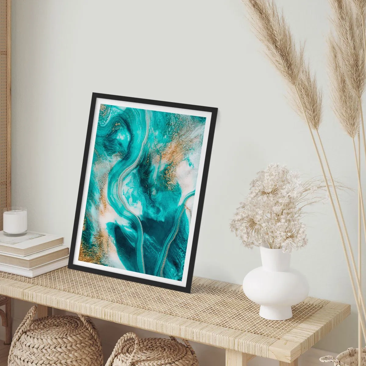 Poster in een zwarte lijst - Een abstracte compositie in tinten turquoise en goud. - 50x70cm - De rivier van goud - Moderne wanddecoratie voor woonkamer en slaapkamer ARTTOR