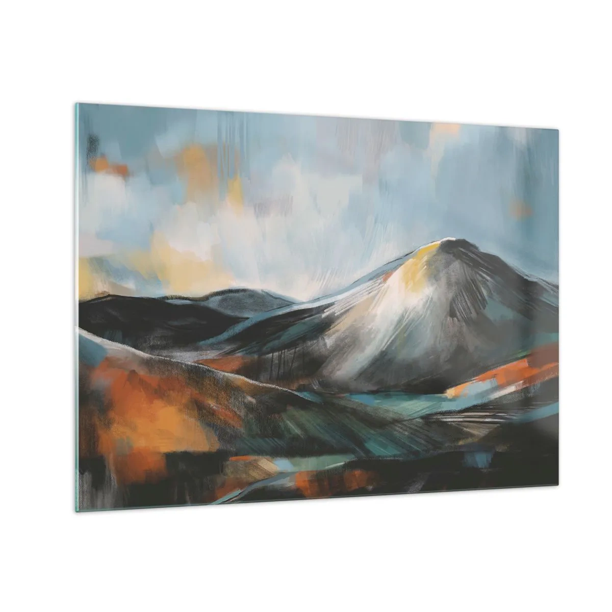 Schilderen op glas - Een schilderachtig berglandschap in warme en koele kleuren - 70x50cm - Ruw en prachtig - Moderne wanddecoratie voor woonkamer en slaapkamer ARTTOR