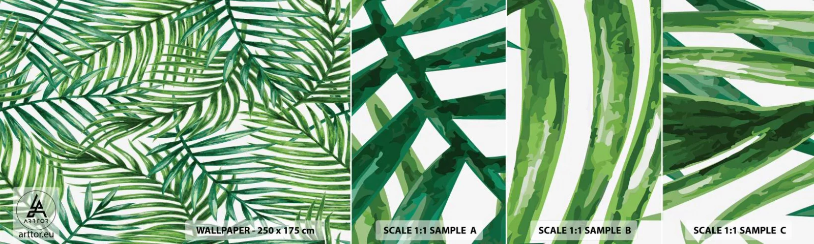 Fotobehang Monster Zelfklevend Deluxe Sticker - Onder de groene luifel - Abstractie, Palmblad, Kokospalm - 100x30 cm