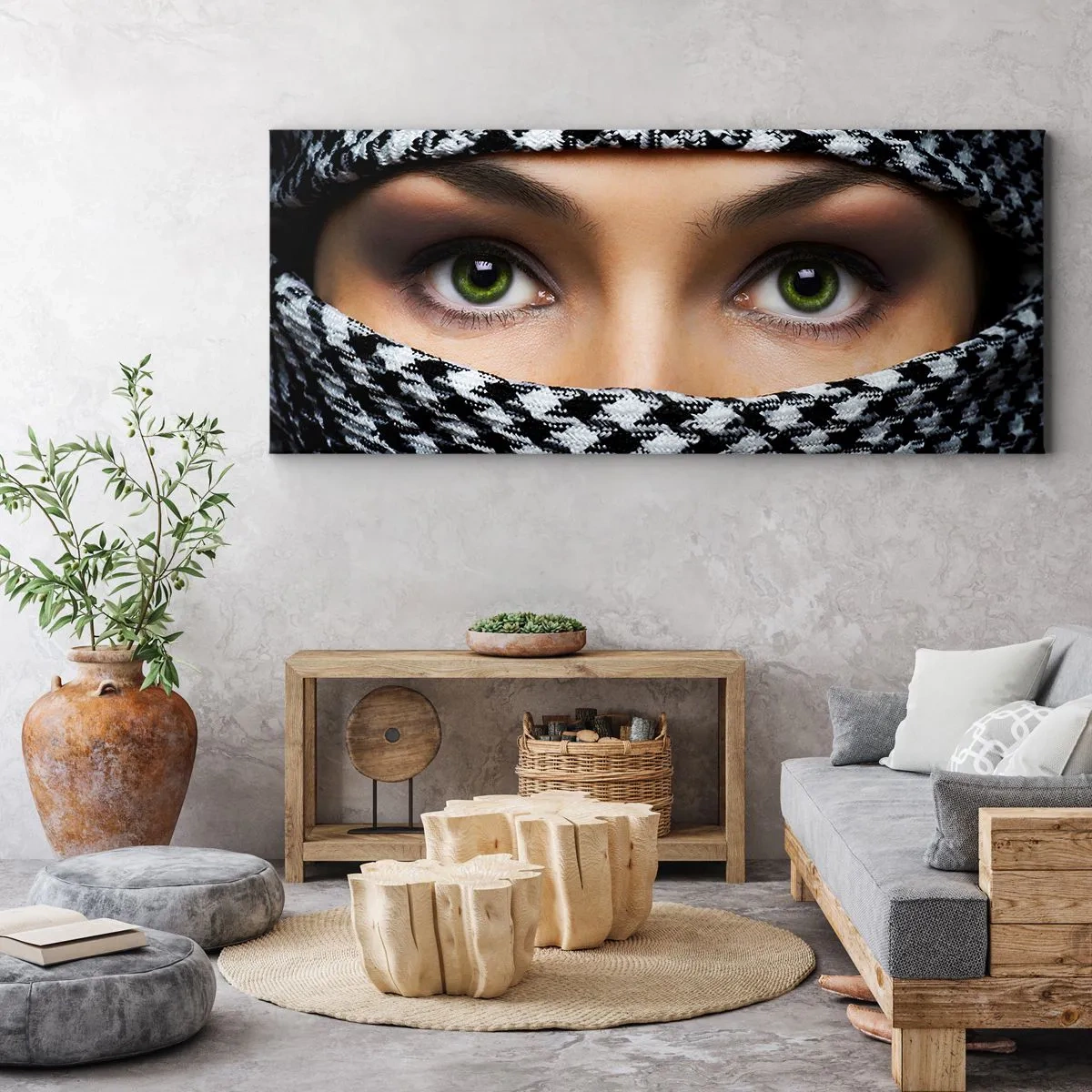 Schilderen op canvas - Portret van een gesluierde schoonheid met groene ogen - 90x30 cm