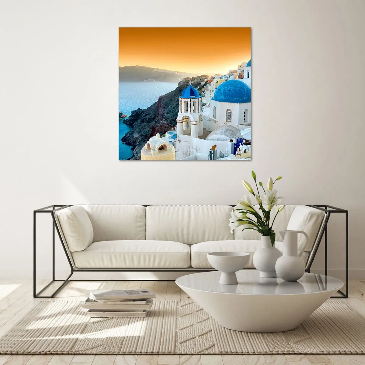 Schilderen op glas - Santorini - genesteld tegen de rotsen - 30x30 cm