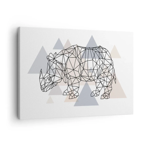 Schilderen op canvas - Geometrische neushoorn op een achtergrond van delicate driehoeken - 70x50cm - Structuur van kracht - Moderne wanddecoratie voor woonkamer en slaapkamer ARTTOR
