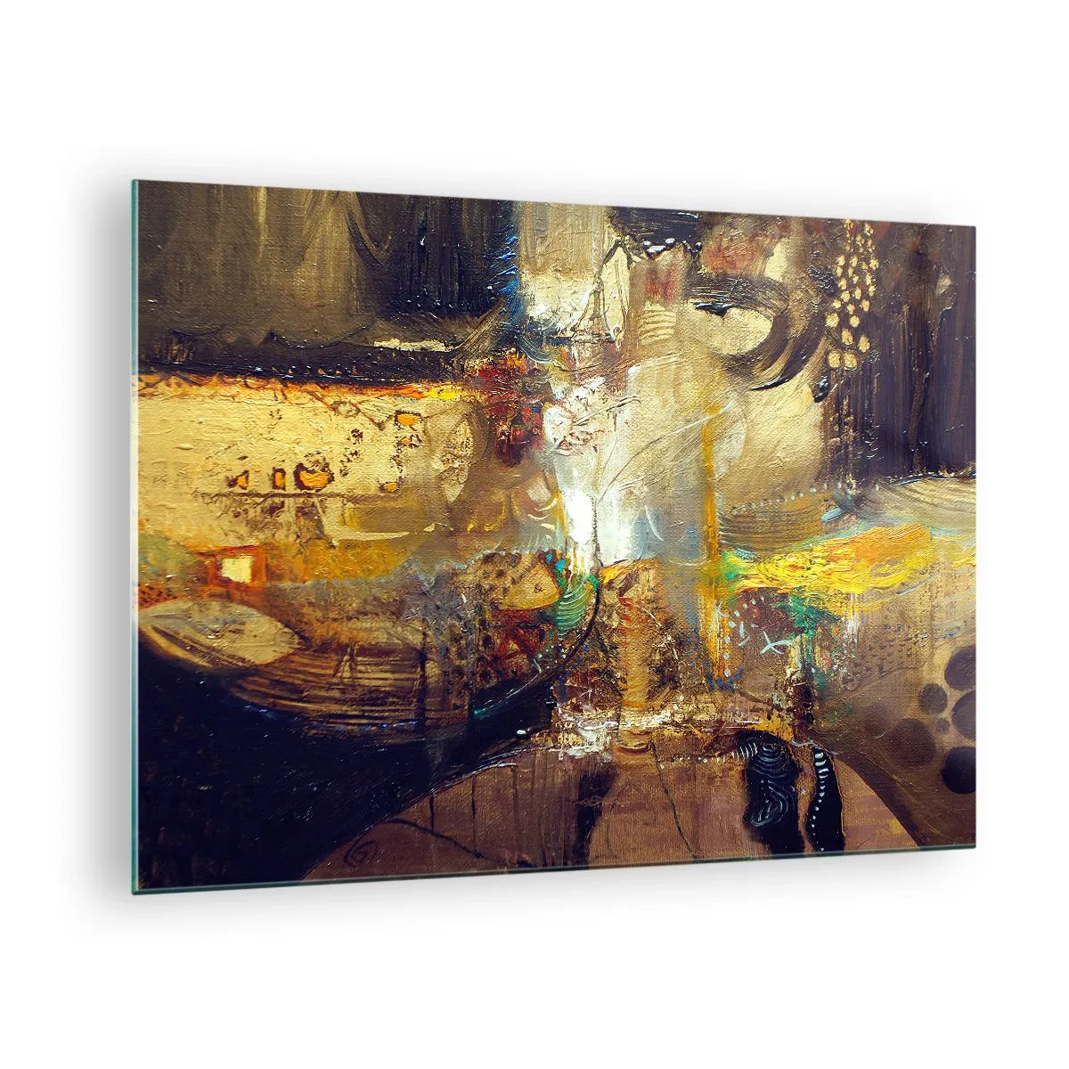 Schilderen op glas - Abstracte compositie in tinten goud en bruin - 70x50cm - Koud, warmer, heet - Moderne wanddecoratie voor woonkamer en slaapkamer ARTTOR