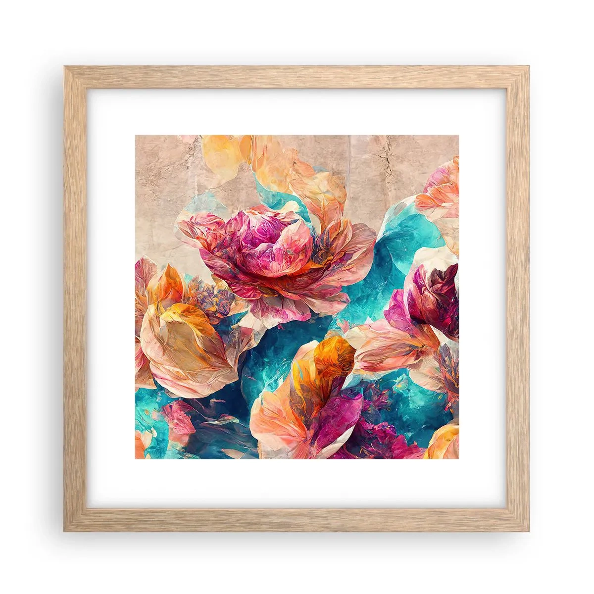 Een poster in een licht eiken lijst - Kleurrijke pracht van het boeket - 30x30 cm