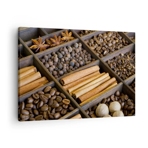 Schilderen op canvas - Specerijen en koffie in houten compartimenten - 70x50cm - Een schatkist aan aroma's - Moderne wanddecoratie voor woonkamer en slaapkamer ARTTOR