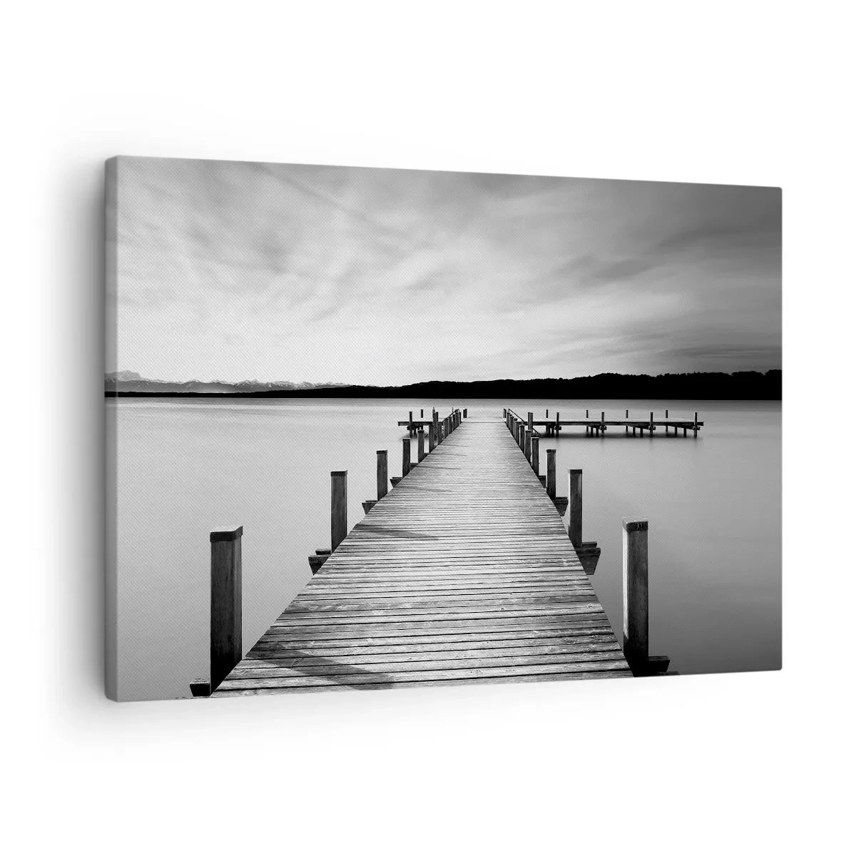 Schilderen op canvas - Een zwart-witte steiger op een kalm meer - 70x50cm - Bij de waterput - vrede - Moderne wanddecoratie voor woonkamer en slaapkamer ARTTOR