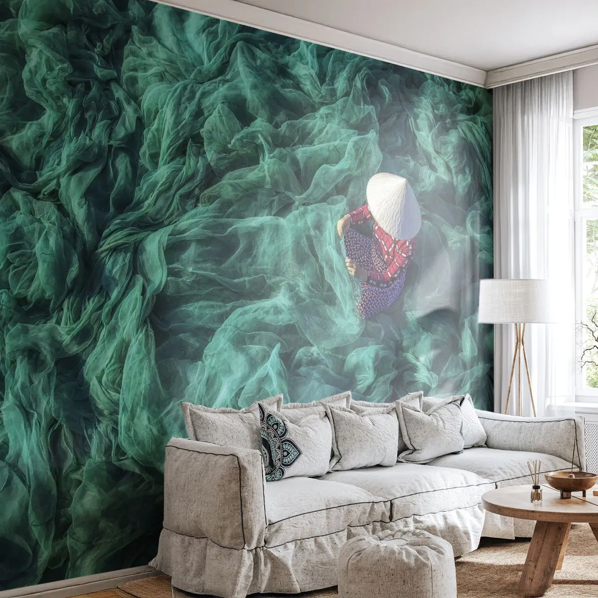 Fotobehang Premium Sand - In een zee van netten - Visnet, Vrouw, Vietnam - 300x210 cm