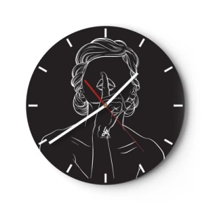 Wandklok - Klok - Een witte omtrek van een vrouw met haar vinger aan haar mond op een zwarte achtergrond. - 30x30cm - Schoonheid bloeit in stilte - Moderne wanddecoratie voor woonkamer, keuken en slaapkamer ARTTOR