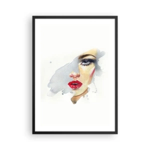 Poster in een zwarte lijst - Aquarelportret van een vrouw met rode lippen - 50x70cm - Weerspiegeld in een druppel water - Moderne wanddecoratie voor woonkamer en slaapkamer ARTTOR