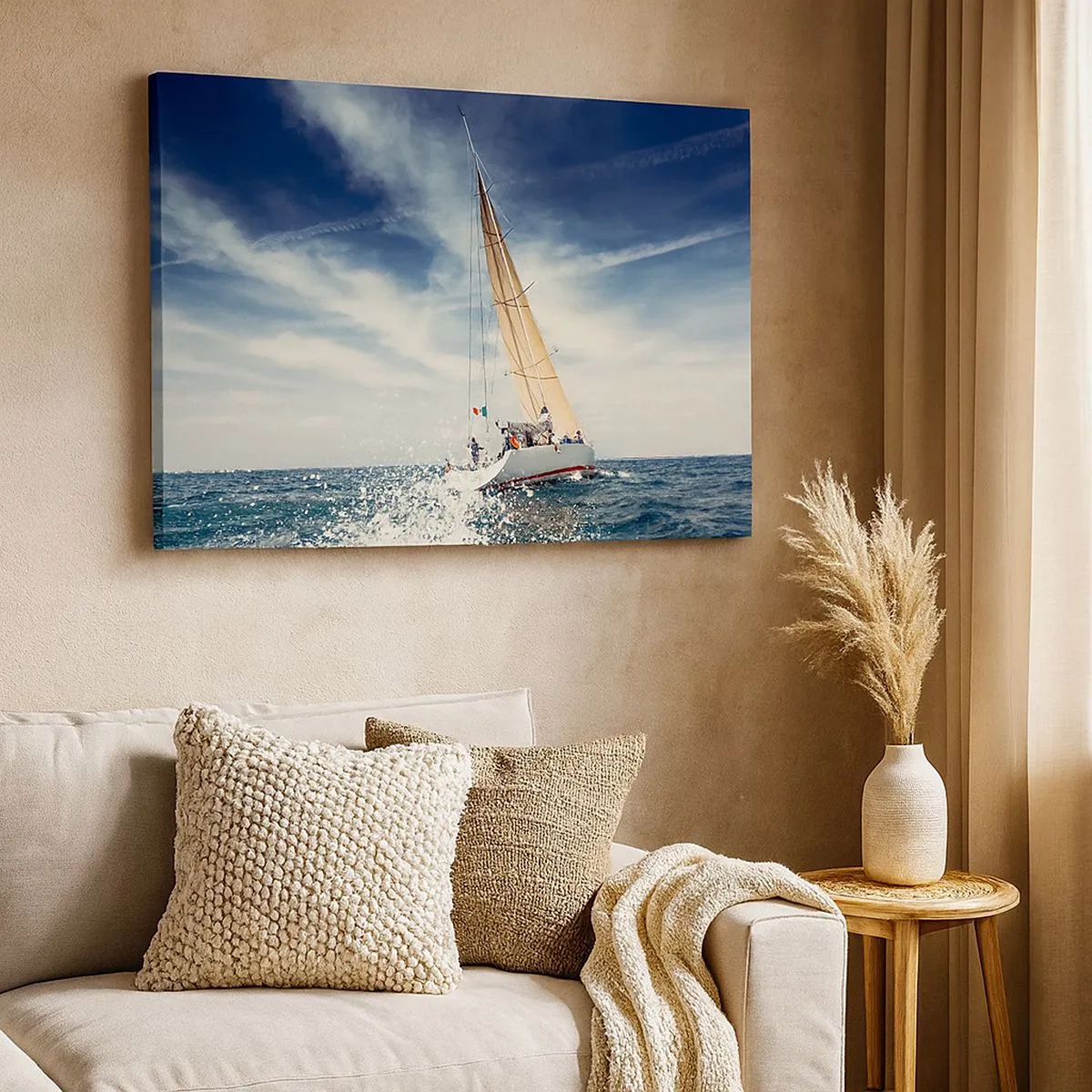 Schilderen op canvas - Een zeilboot op een stormachtige zee onder een blauwe lucht - 70x50cm - Ze halen ons niet in! - Moderne wanddecoratie voor woonkamer en slaapkamer ARTTOR