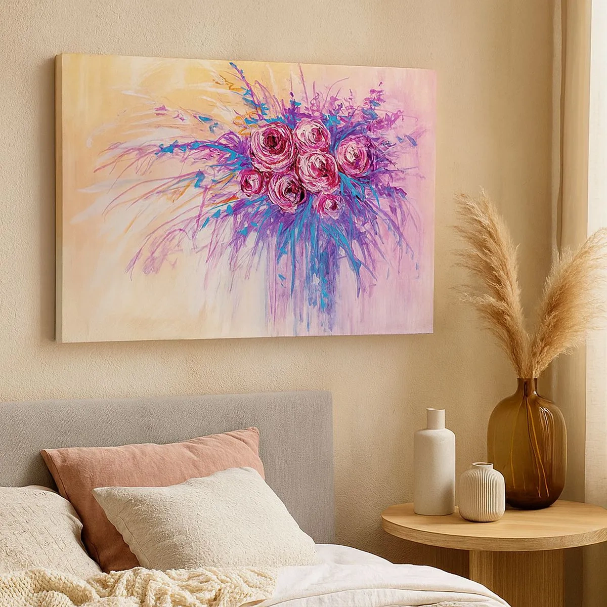 Schilderen op canvas - Een boeket rozen in pastelkleuren - 70x50cm - Rozenfontein - Moderne wanddecoratie voor woonkamer en slaapkamer ARTTOR