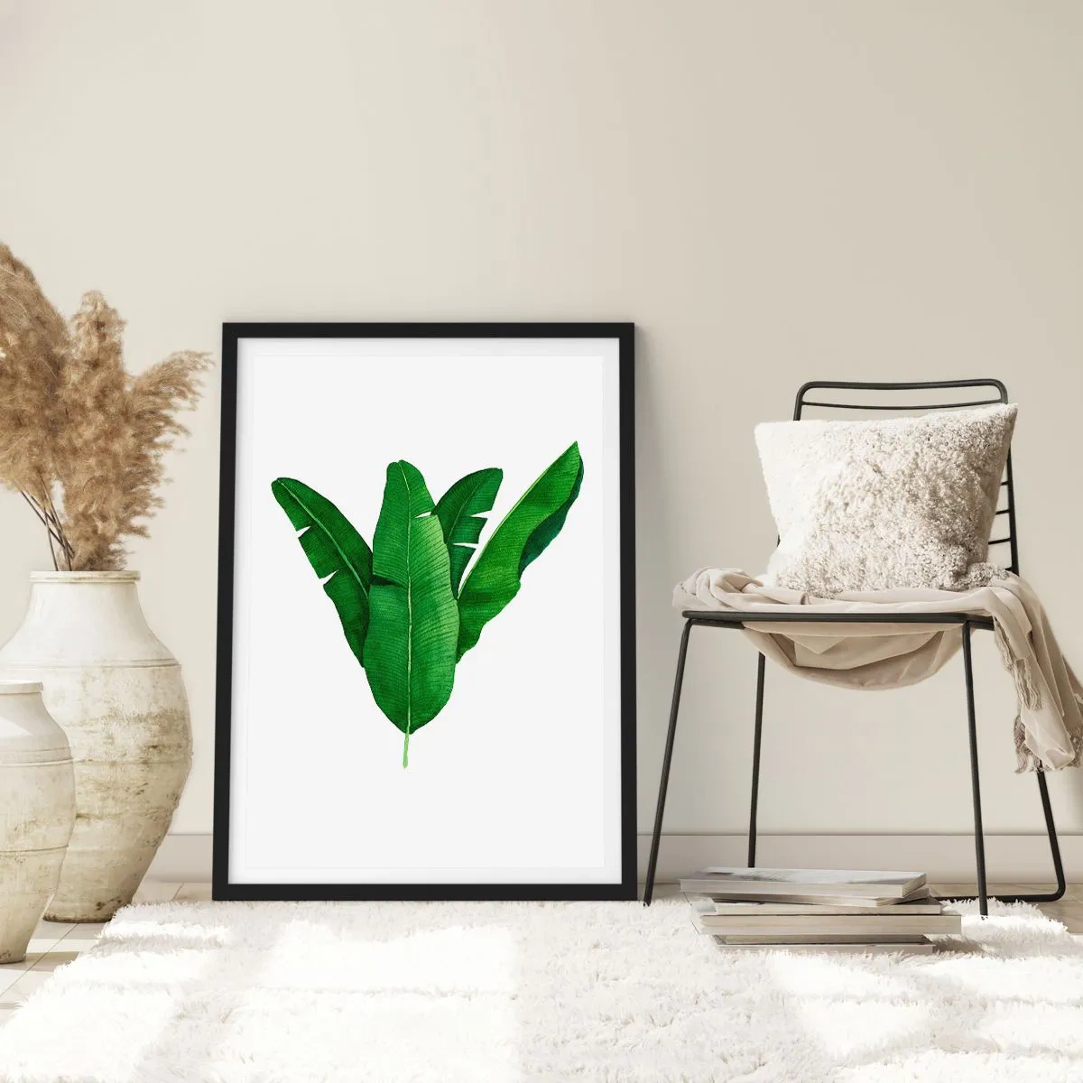 Poster in een zwarte lijst - Aquarelillustratie van symmetrisch gerangschikte bananenbladeren op een witte achtergrond. - 50x70cm - Groene symmetrie - Moderne wanddecoratie voor woonkamer en slaapkamer ARTTOR