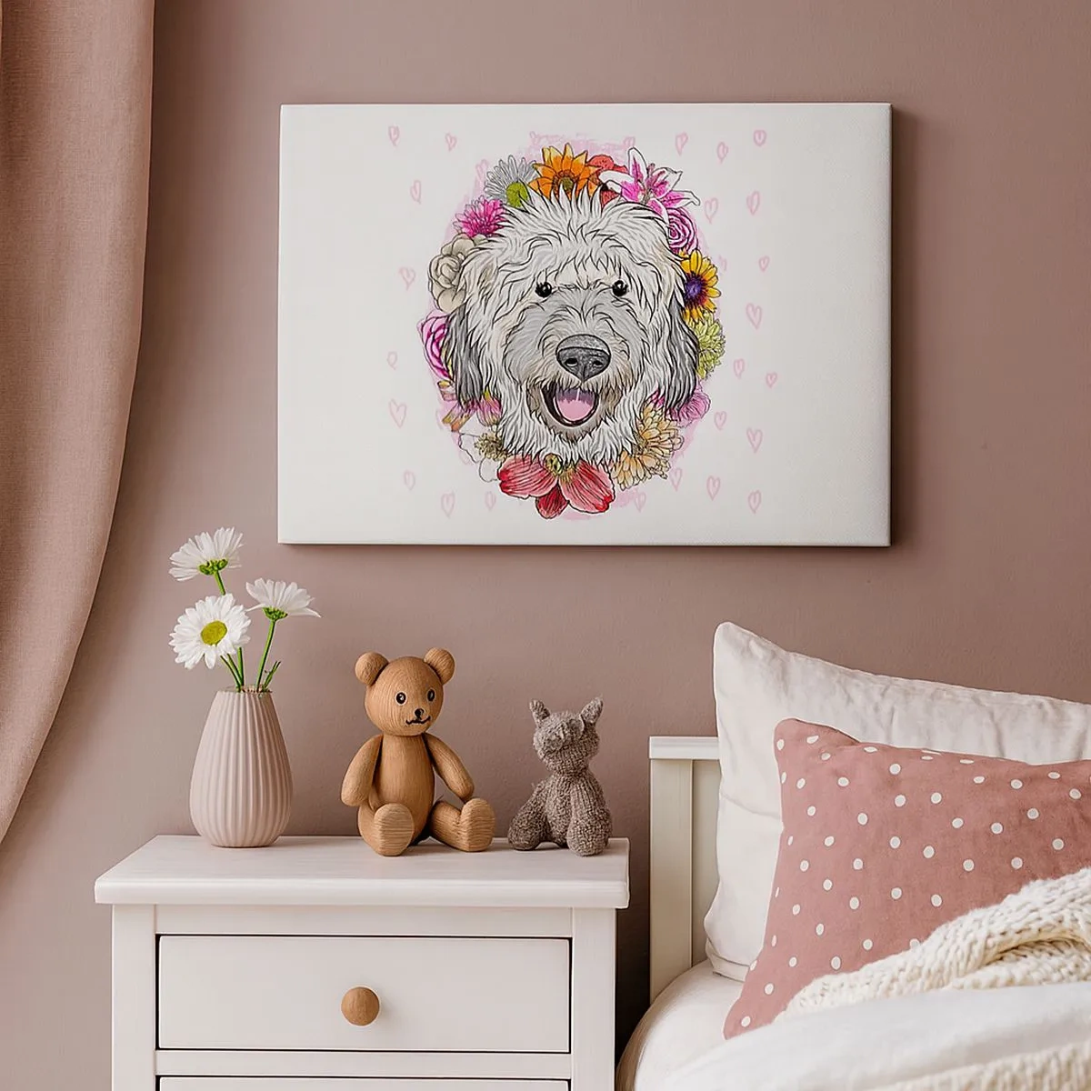 Schilderen op canvas - Een hond omringd door kleurrijke bloemen - 70x50cm - Puppy vreugde - Moderne wanddecoratie voor woonkamer en slaapkamer ARTTOR
