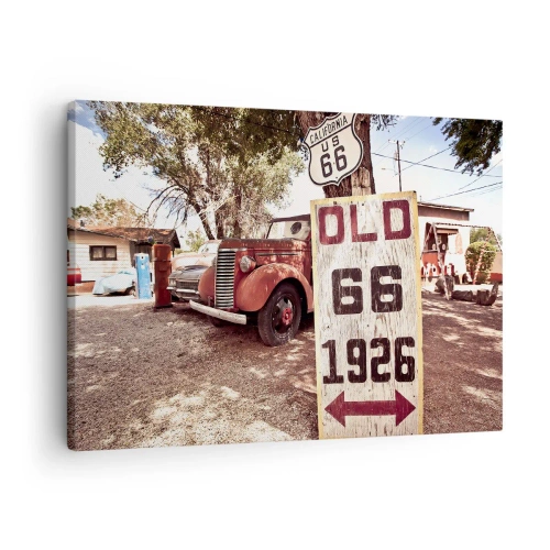 Schilderen op canvas - Retro-auto en Route 66-bord in rustieke omgeving - 70x50cm - Een legende van de Amerikaanse provincie - Moderne wanddecoratie voor woonkamer en slaapkamer ARTTOR