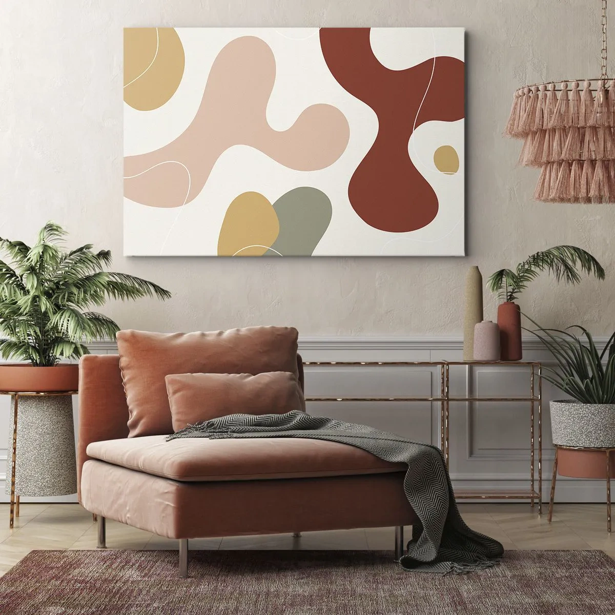 Schilderen op canvas - Een abstracte compositie in pasteltinten met dynamische vormen. - 70x50cm - Kronkels of krullen? - Moderne wanddecoratie voor woonkamer en slaapkamer ARTTOR