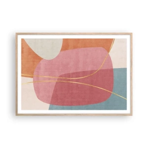 Een poster in een licht eiken lijst - Pastelkleurcompositie met gouddraad - 100x70 cm