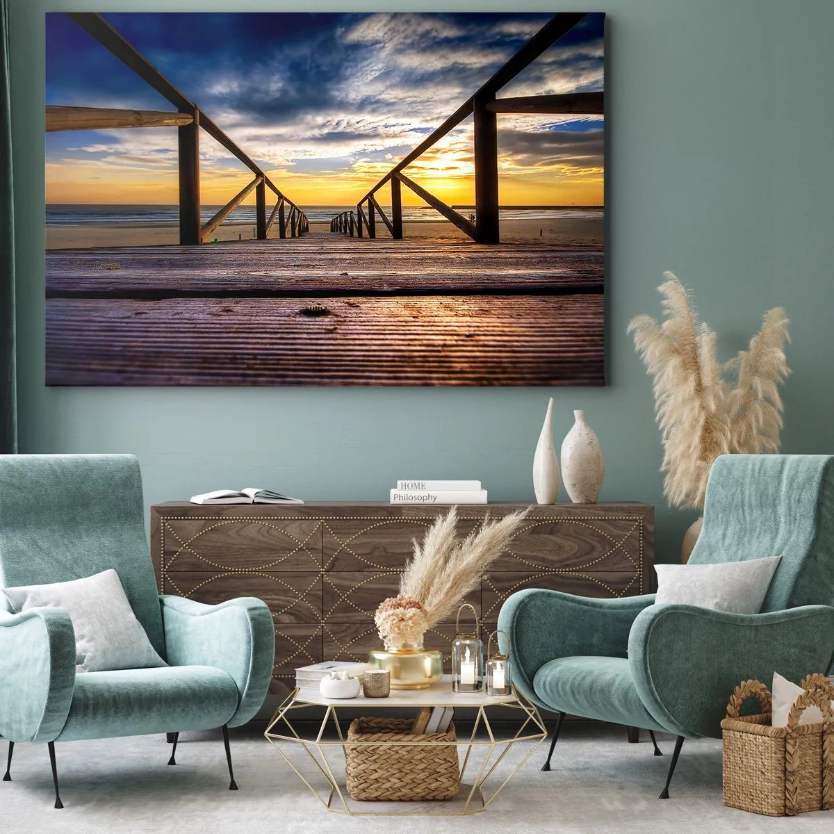 Schilderen op canvas - Houten steiger die naar het strand leidt bij zonsondergang - 70x50cm - Rechtstreeks naar het rustige strand bij zonsondergang - Moderne wanddecoratie voor woonkamer en slaapkamer ARTTOR