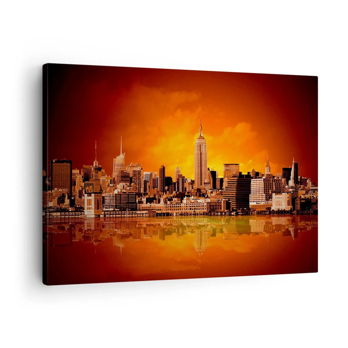 Schilderen op canvas - Panorama van de stad bij zonsondergang met gebouwen weerspiegeld in het water - 70x50cm - Het grote stadspanorama in geel en brons - Moderne wanddecoratie voor woonkamer en slaapkamer ARTTOR
