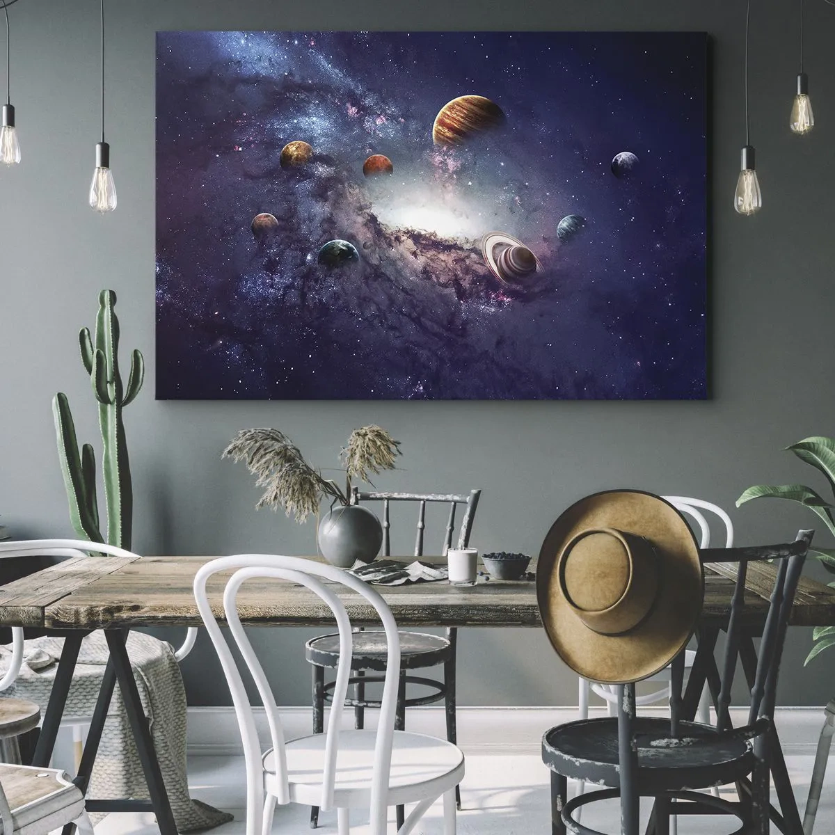 Schilderen op canvas - Planeten in een sterrenstelsel met een nevel op de achtergrond - 70x50cm - Zonne-dans systeem - Moderne wanddecoratie voor woonkamer en slaapkamer ARTTOR
