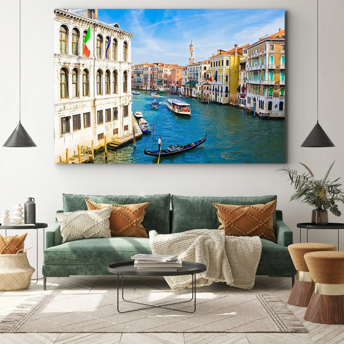 Schilderen op canvas - Een Venetiaans kanaal met een gondel en kleurrijke gebouwen - 70x50cm - Het enige verkeer ter wereld - Moderne wanddecoratie voor woonkamer en slaapkamer ARTTOR