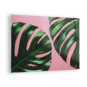 Schilderen op glas - Groene monsterabladeren op een roze achtergrond - 70x50cm - Groene rendez-vous - Moderne wanddecoratie voor woonkamer en slaapkamer ARTTOR