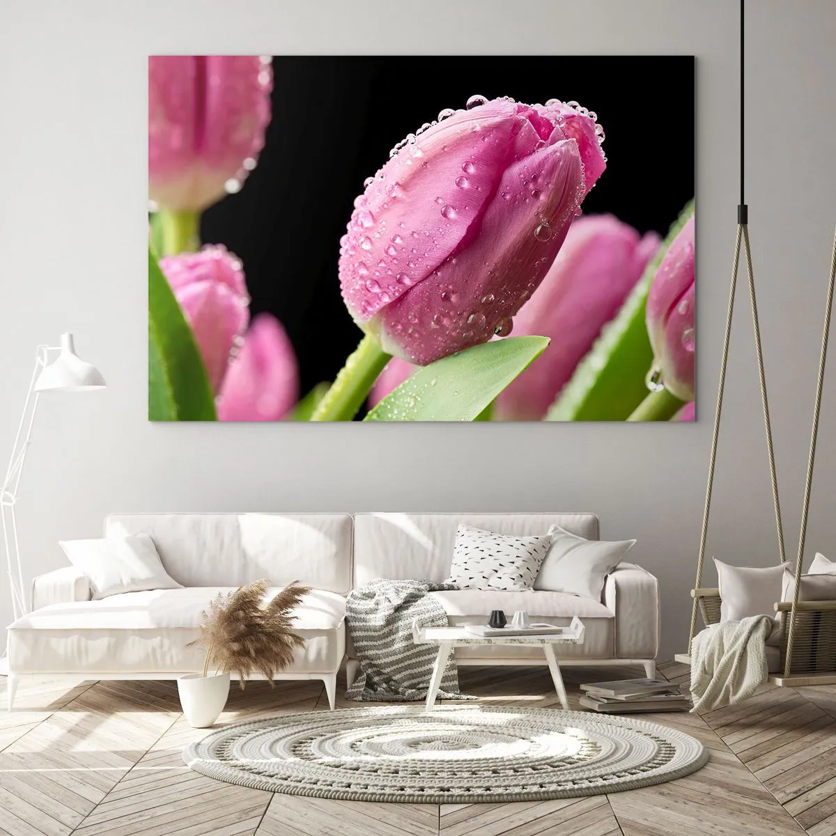 Schilderen op glas - Roze tulpen bedekt met dauwdruppels op een zwarte achtergrond - 70x50cm - Lila droom in dauw - Moderne wanddecoratie voor woonkamer en slaapkamer ARTTOR