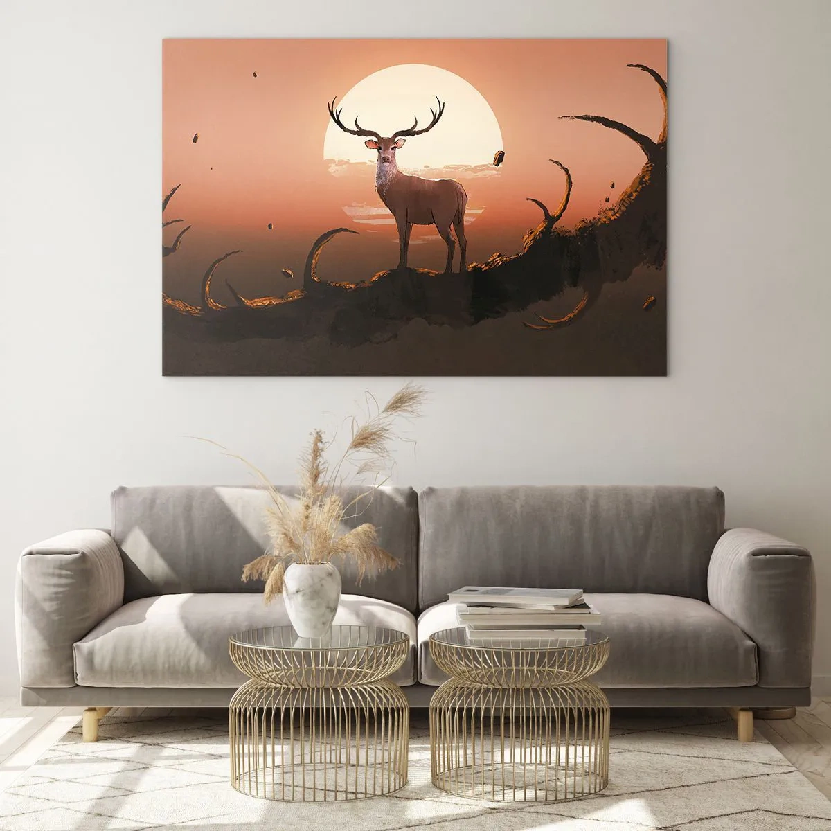 Schilderen op glas - Silhouet van een hert tegen de achtergrond van een grote maan omringd door takken - 70x50cm - Deze nacht is anders dan alle andere - Moderne wanddecoratie voor woonkamer en slaapkamer ARTTOR