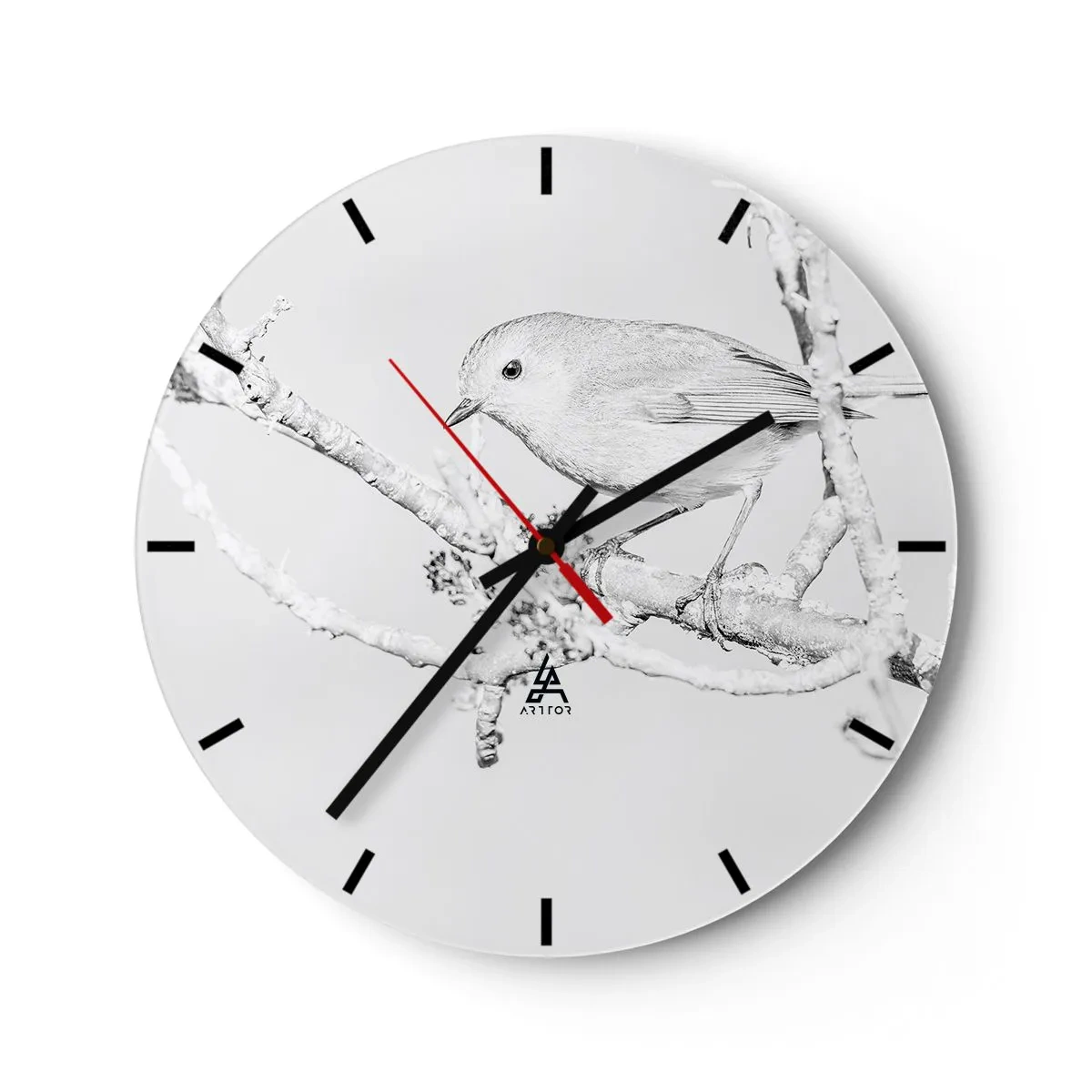 Wandklok - Klok - Een vogel op een besneeuwde tak, in een schetsmatige monochrome stijl. - 30x30cm - Winterochtend - Moderne wanddecoratie voor woonkamer, keuken en slaapkamer ARTTOR