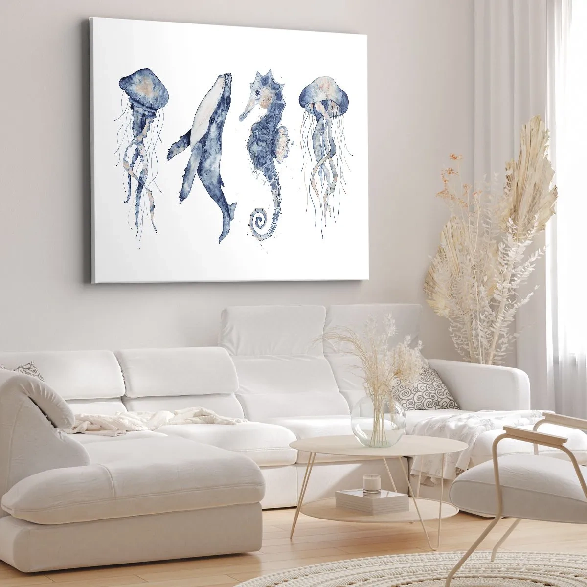 Schilderen op canvas - Kwallen, walvissen en zeepaardjes in aquarelstijl - 70x50cm - Zee wonderen - Moderne wanddecoratie voor woonkamer en slaapkamer ARTTOR