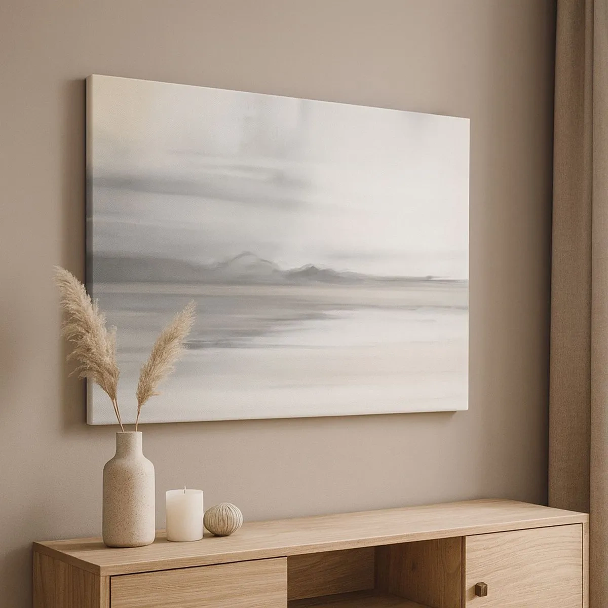 Schilderen op canvas - Een subtiel landschap in tinten grijs en beige - 70x50cm - Afstand in reflectie - Moderne wanddecoratie voor woonkamer en slaapkamer ARTTOR