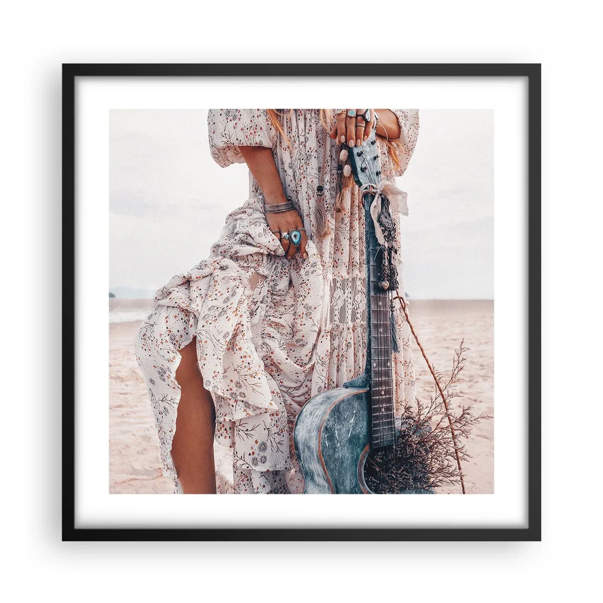 Poster in een zwarte lijst - Kinderen bloemen onderweg - 50x50 cm