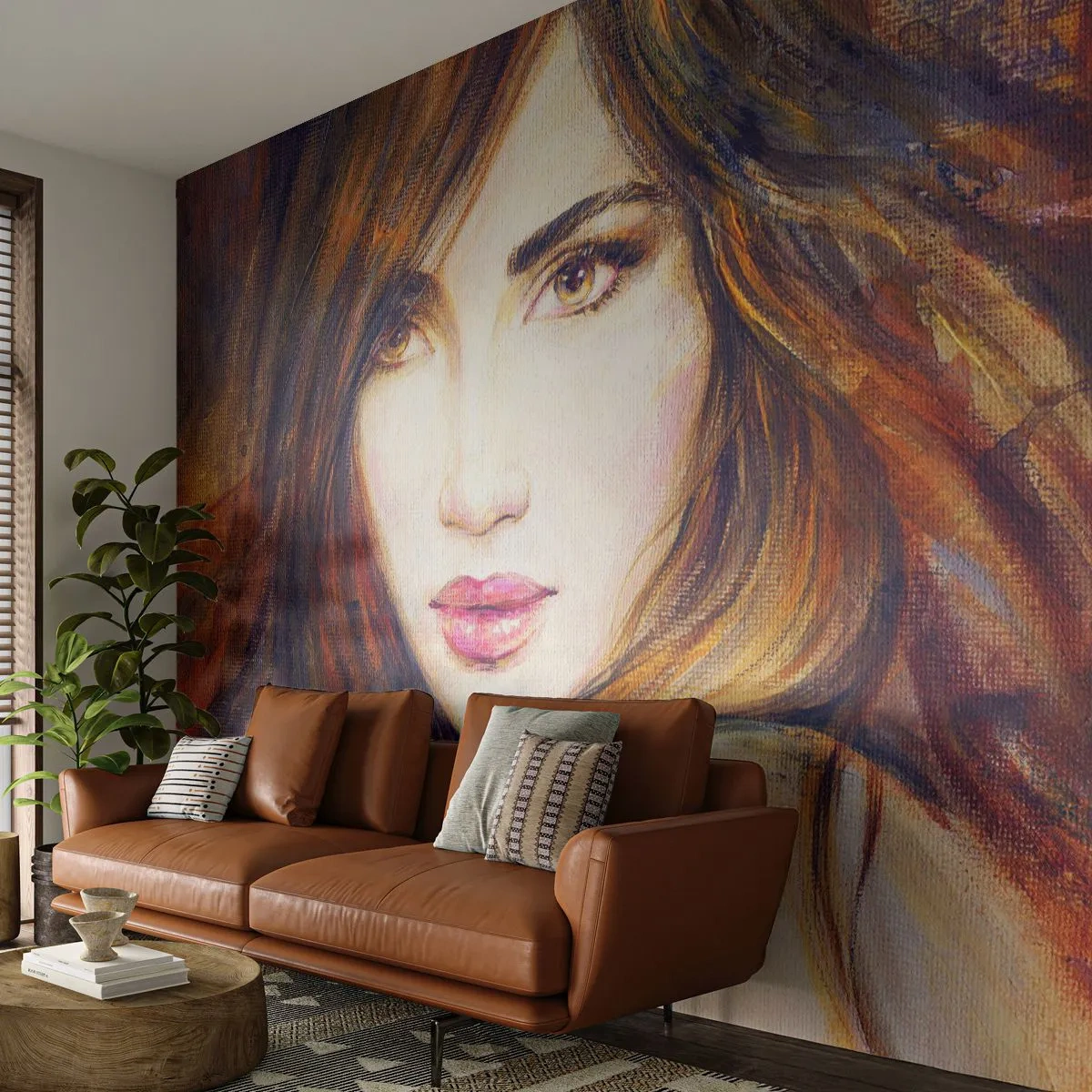 Fotobehang Standard Eco - Een dubbeltje voor je gedachten - Het gezicht van de vrouw, Portret van een vrouw, Haar - 400x280 cm