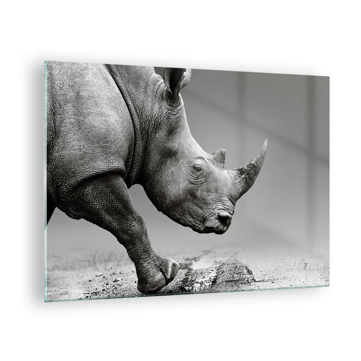 Schilderen op glas - Een neushoorn in beweging tegen een grijze achtergrond - 70x50cm - Onstuitbare kracht - Moderne wanddecoratie voor woonkamer en slaapkamer ARTTOR