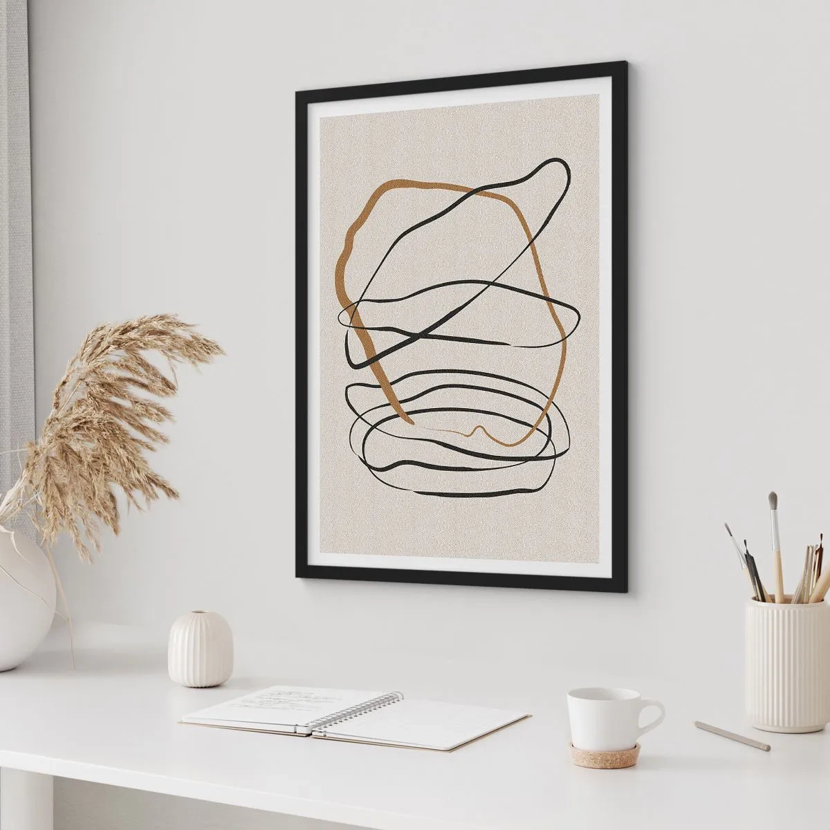 Poster in een zwarte lijst - Minimalistische abstractie met dynamische lijnen - 50x70cm - Compositie – loopdans - Moderne wanddecoratie voor woonkamer en slaapkamer ARTTOR