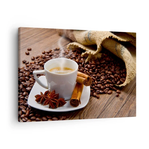 Schilderen op canvas - Een kopje koffie met kaneel en anijs op een achtergrond van koffiebonen - 70x50cm - Pittige smaak en aroma - Moderne wanddecoratie voor woonkamer en slaapkamer ARTTOR