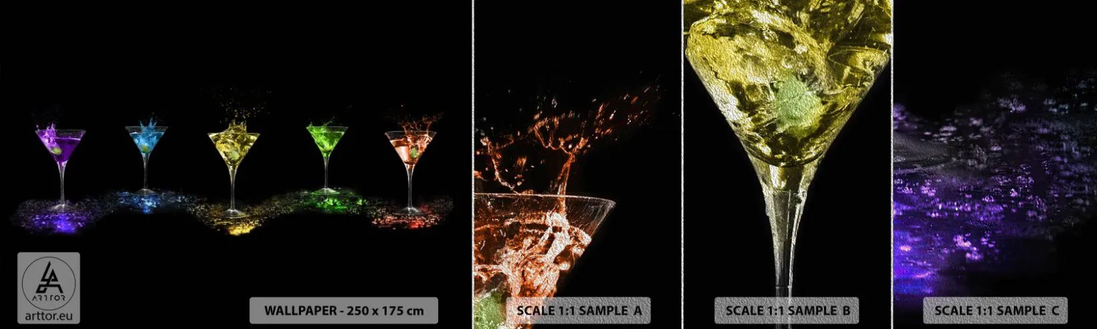 Fotobehang Monster Premium Sand - Kleuren van vreugde in kristalglas - Gastronomie, Cocktail, Kleurrijk drankje - 100x30 cm