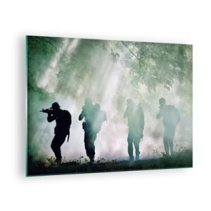 Schilderen op glas - Een groep soldaten in rook, lopend door het bos, in volledige staat van paraatheid - 70x50cm - Een voor allen… - Moderne wanddecoratie voor woonkamer en slaapkamer ARTTOR