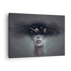 Schilderen op canvas - Een vrouwengezicht met een planeet en ruimtemotief op de achtergrond - 70x50cm - En de planeten worden gek... - Moderne wanddecoratie voor woonkamer en slaapkamer ARTTOR