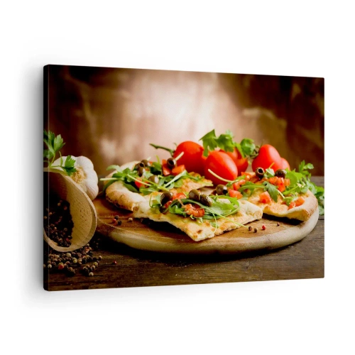 Schilderen op canvas - Pizza met groenten op een houten plank in rustieke stijl - 70x50cm - Recht uit de oven en uit de tuin - Moderne wanddecoratie voor woonkamer en slaapkamer ARTTOR