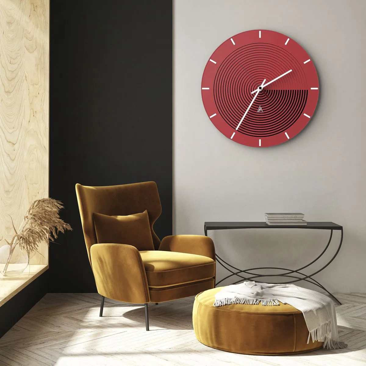 Wandklok - Klok - Rode achtergrond met zwarte concentrische cirkels en contrast - 30x30cm - Circulaire beweging - Moderne wanddecoratie voor woonkamer, keuken en slaapkamer ARTTOR