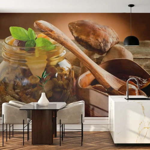 Zelfklevend Fotobehang Deluxe Sticker - Of het nu vers of gezouten is, of in het herfstseizoen ... - Gastronomie, Paddestoelen, Keuken - 250x175 cm