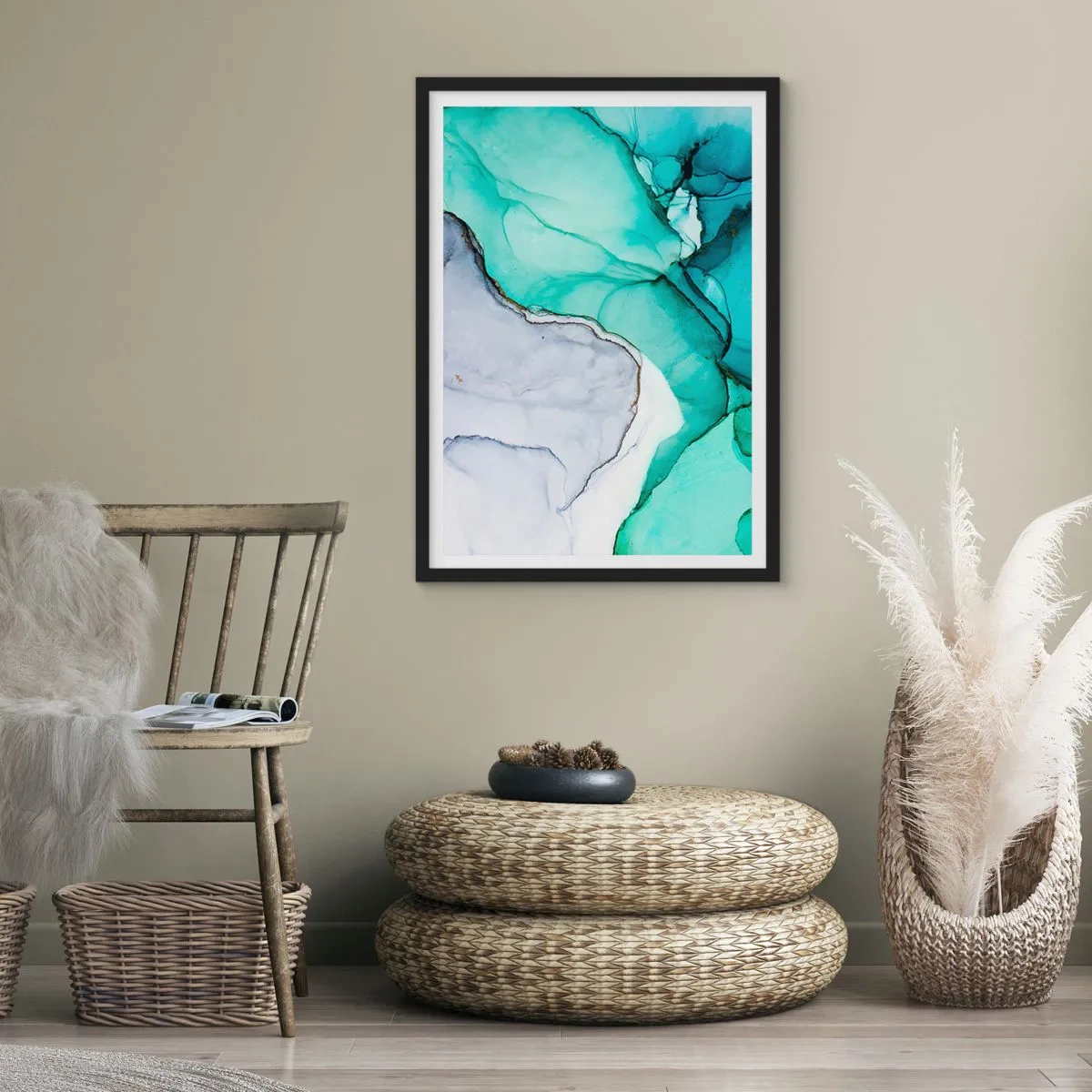 Poster in een zwarte lijst - Een abstract patroon in tinten turquoise en grijs, geïnspireerd door de natuur. - 50x70cm - Een studie in turkoois - Moderne wanddecoratie voor woonkamer en slaapkamer ARTTOR