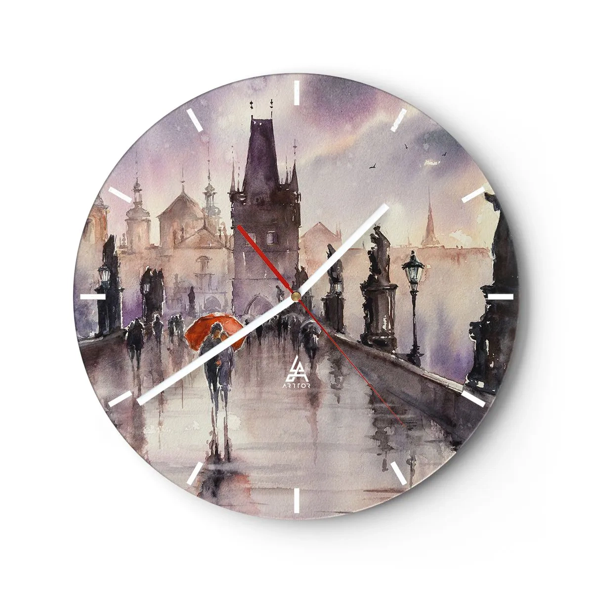Wandklok - Klok - Romantisch tafereel op een brug in de regen met een oranje paraplu - 30x30cm - Mensen veranderen niet - Moderne wanddecoratie voor woonkamer, keuken en slaapkamer ARTTOR