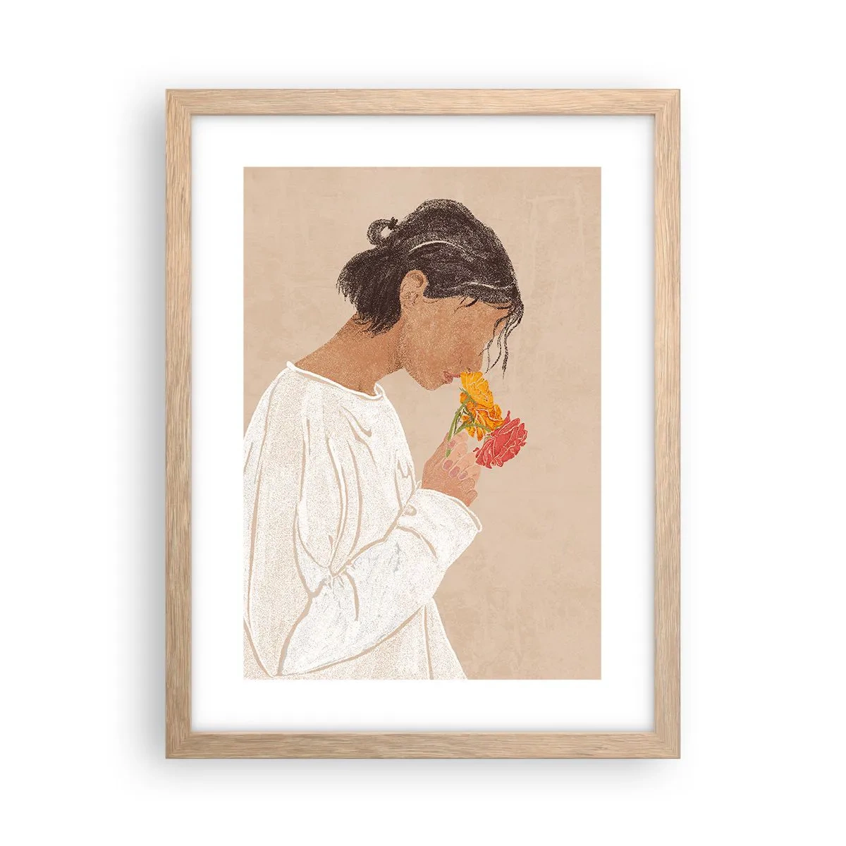 Een poster in een licht eiken lijst - Meisje en bloemen - 30x40 cm