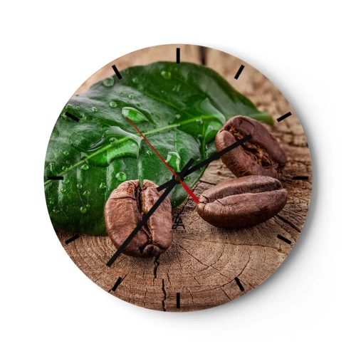 Wandklok - Klok - Koffiebonen en groen blad op een houten achtergrond - 30x30cm - De meest ware en zwarte - Moderne wanddecoratie voor woonkamer, keuken en slaapkamer ARTTOR