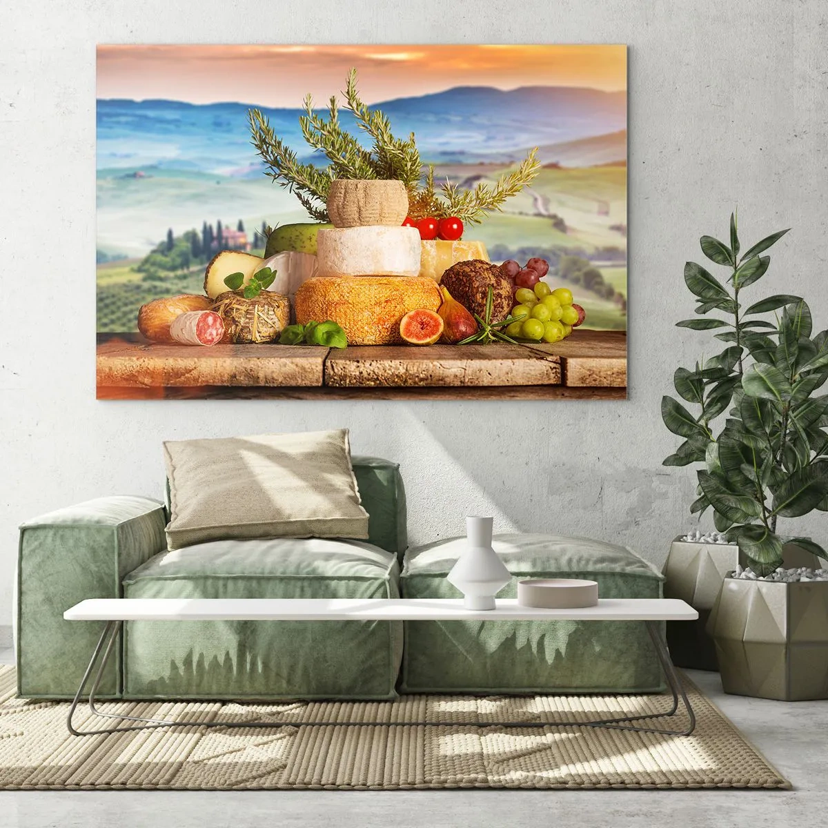 Schilderen op glas - Een compositie van kazen en fruit tegen de achtergrond van het Toscaanse landschap - 70x50cm - De Italiaanse levensvreugde - Moderne wanddecoratie voor woonkamer en slaapkamer ARTTOR
