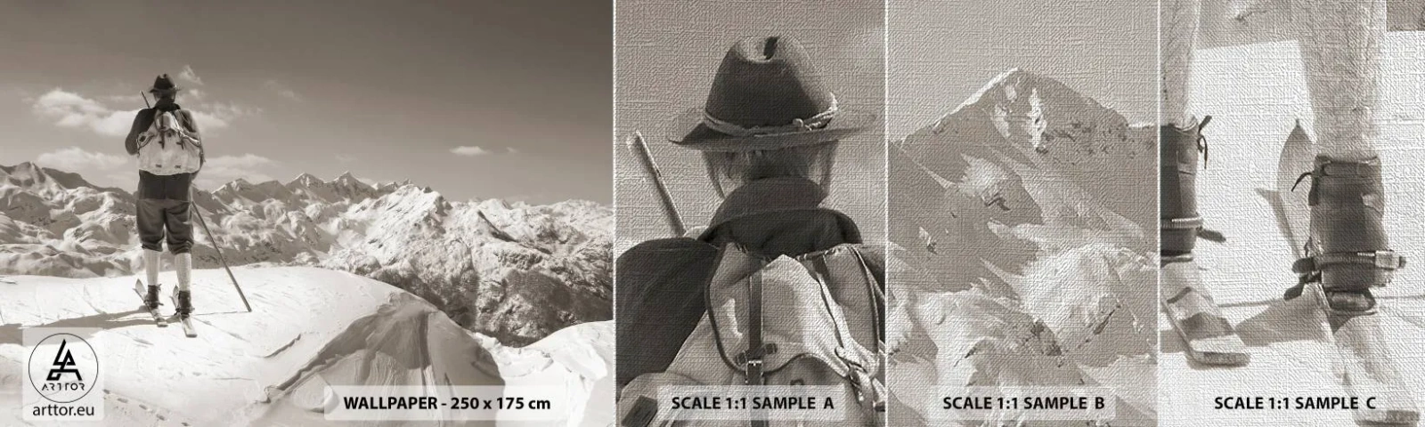 Fotobehang Monster Premium Canvas - En de bergen blijven onveranderd - Landschap, Bergen, Skiër - 100x30 cm