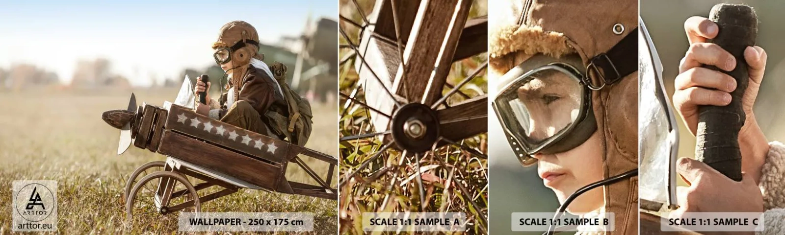 Fotobehang Staaltje Standard Eco - Begin naar een droom - Jongen, Vliegtuig, Vintage - 100x30 cm