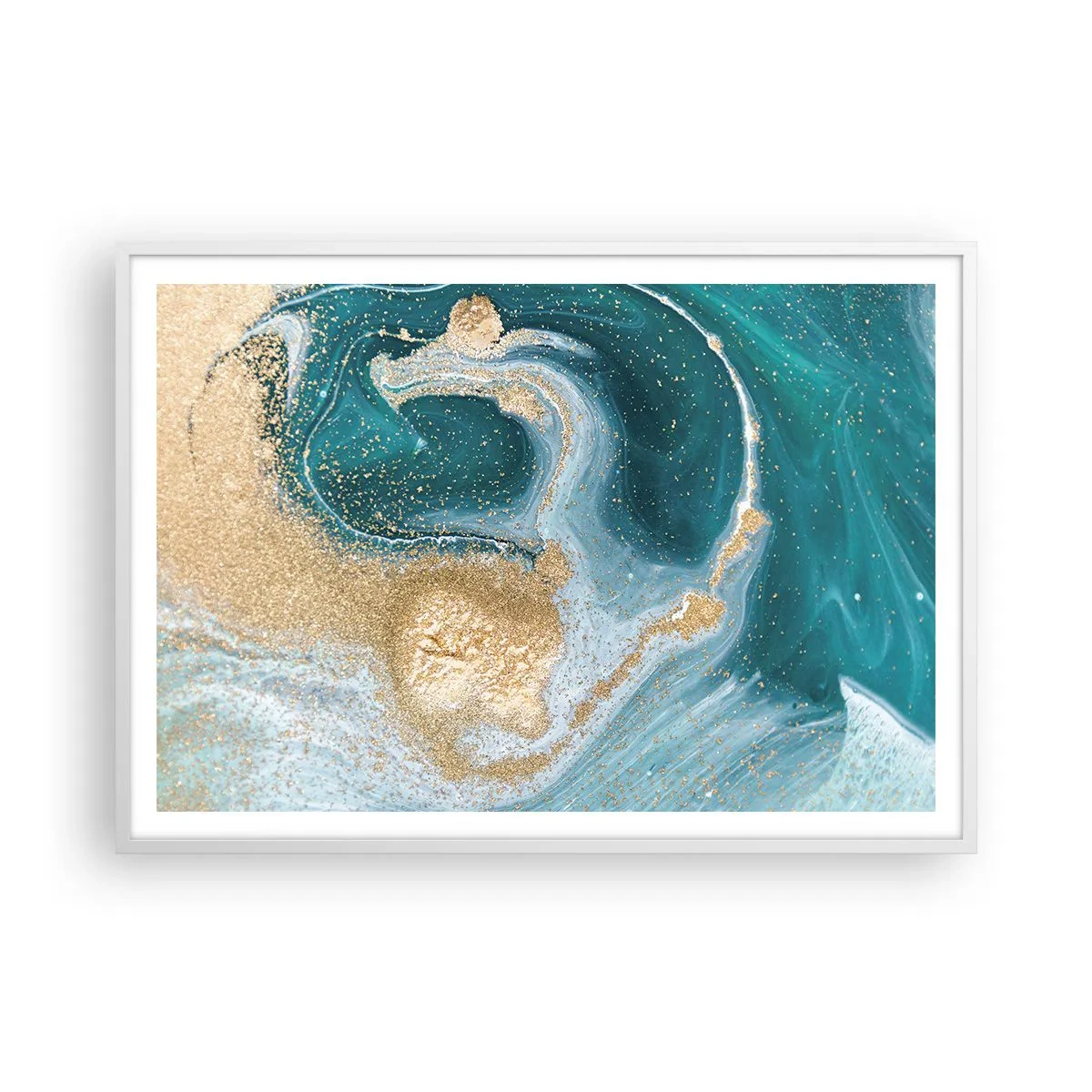 Poster in een witte lijst - Een werveling van goud en turkoois - 100x70 cm