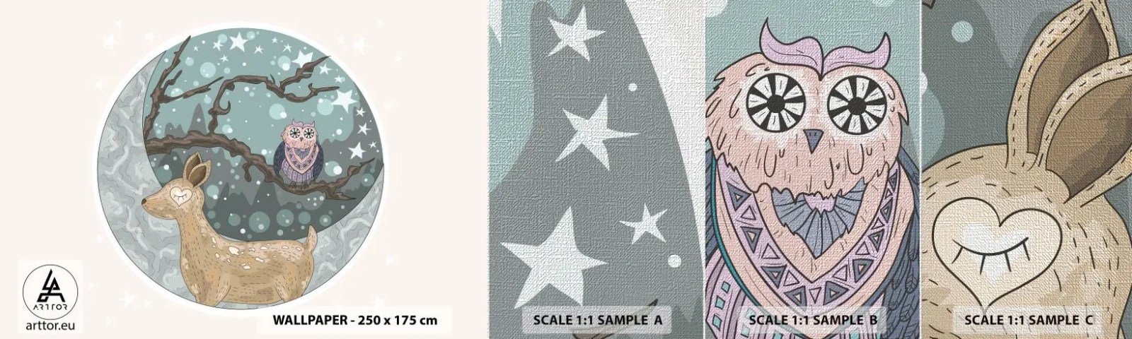 Fotobehang Monster Premium Canvas - Een sprookjesachtige bosnacht - Voor kinderen, Grafisch, Sterren - 100x30 cm